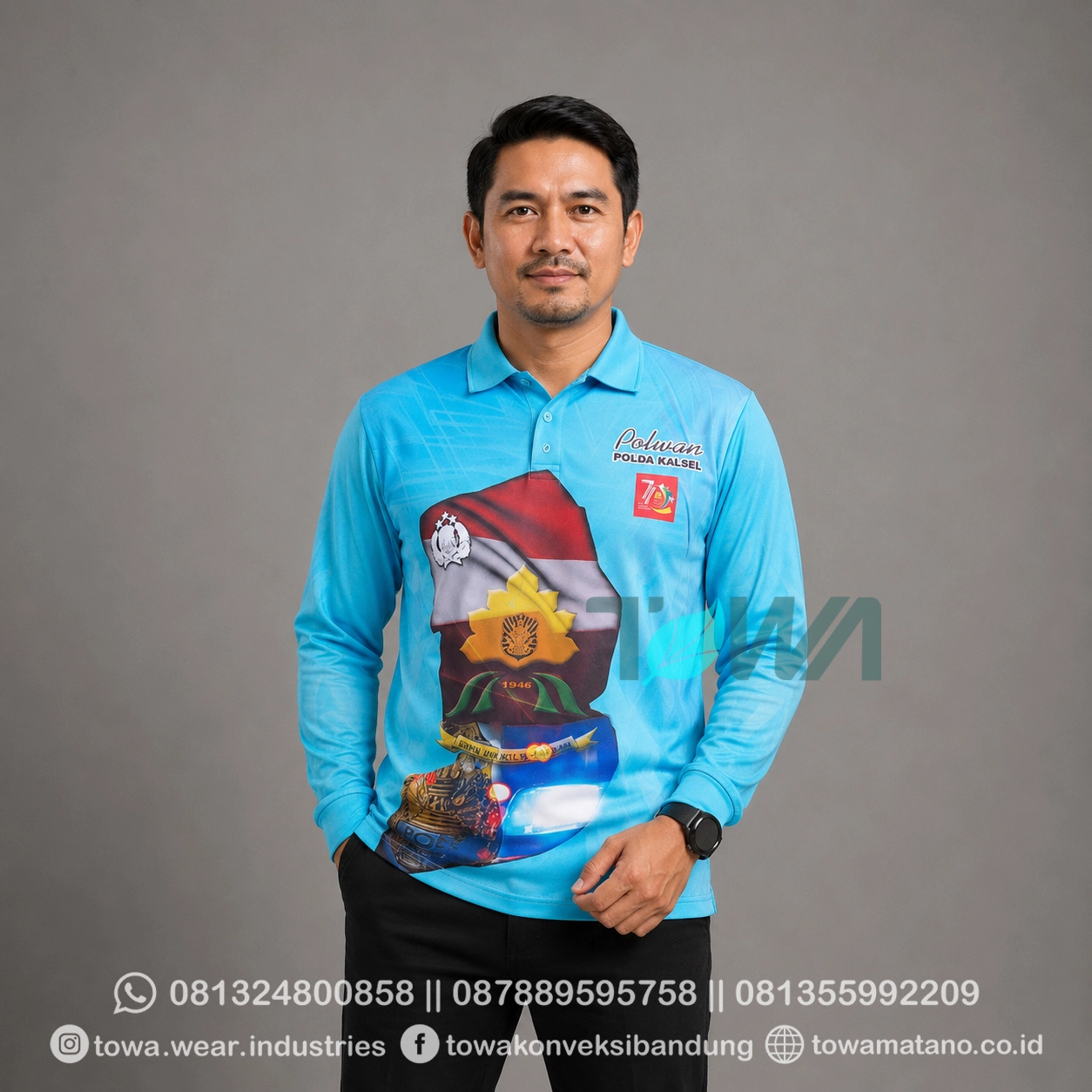 Jersey Full Printing Kerah Lengan Panjang Bahan Drifit Biru Langit