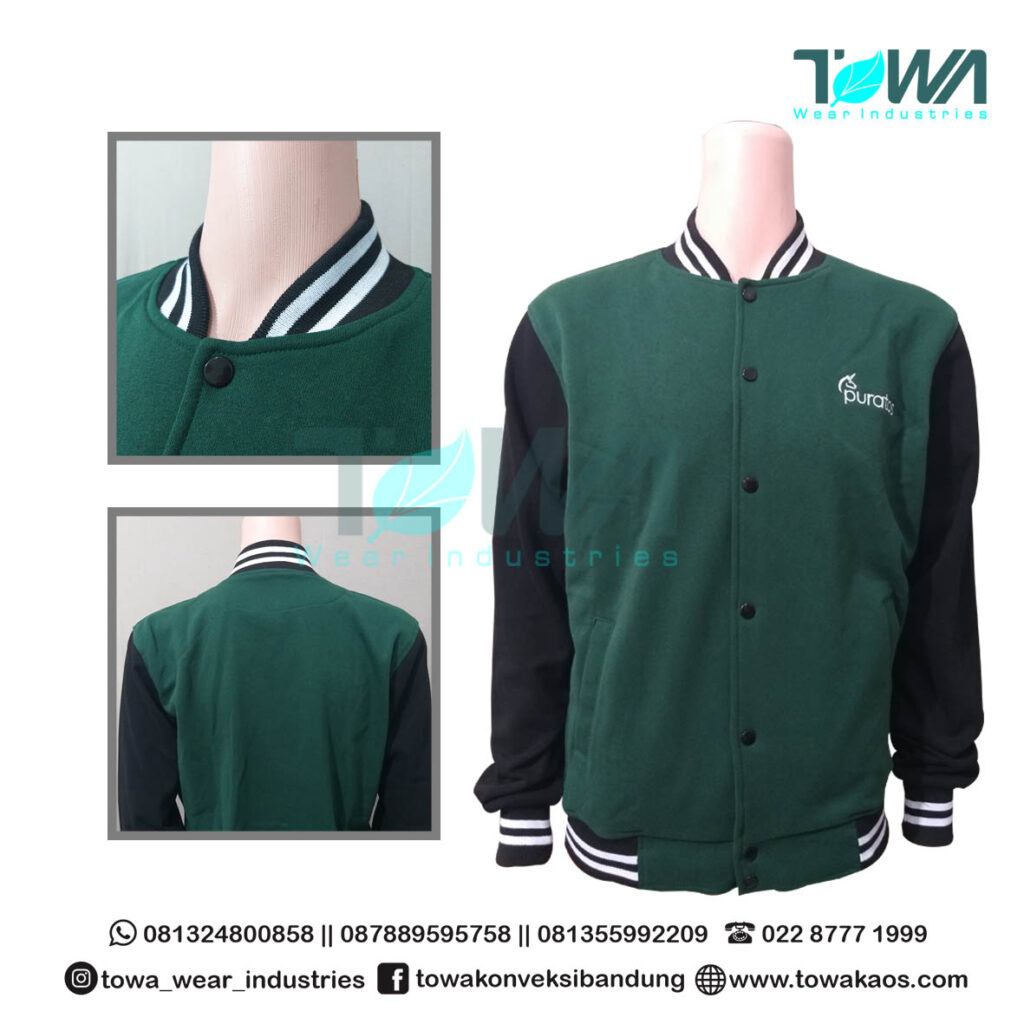 Jaket Baseball Cotton Fleece Puratos Hijau Botol mix Hitam