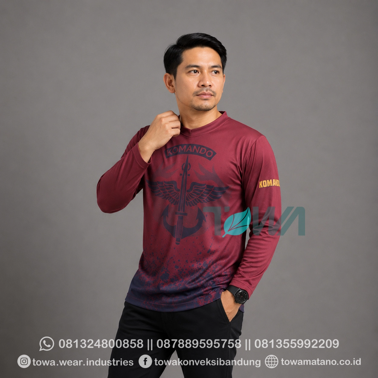 Jersey Full Printing Oblong Baju Olahraga Lengan Panjang Maroon Komando