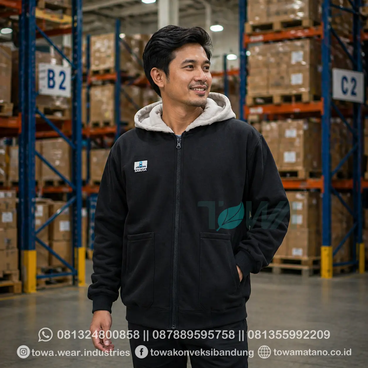 Jaket Hoodie Zipper Fleece Cotton Hitam Bordir Logo Sabuga