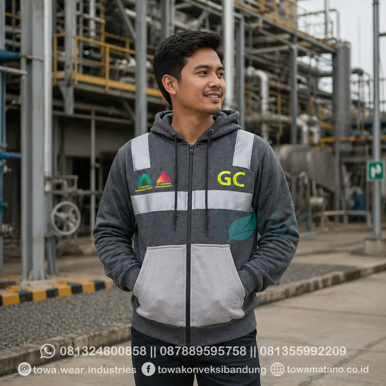 Jaket Hoodie Fleece Cotton Zipper Variasi Reflektor Tambang