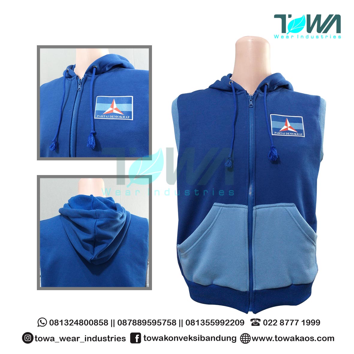 Rompi Hoodie Rompi Partai Demokrat Bahan Fleece Cotton Kombinasi Warna Biru