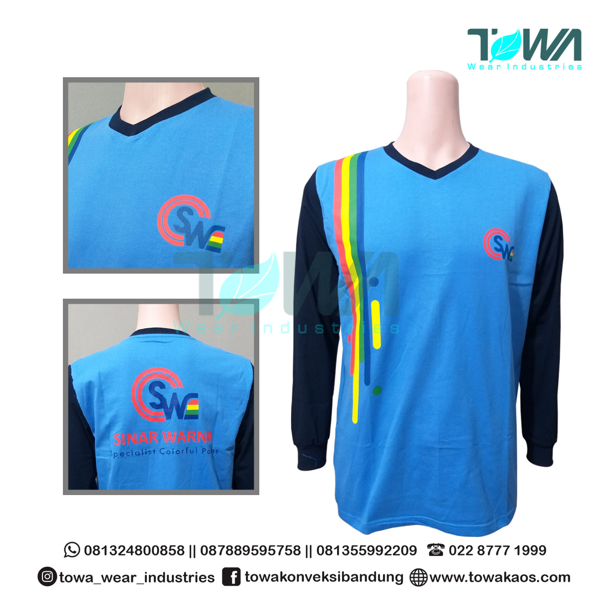 Baju Kaos Baju Seragam Sinar Warna Bahan Cotton Combed 24s Warna Biru Lengan Panjang