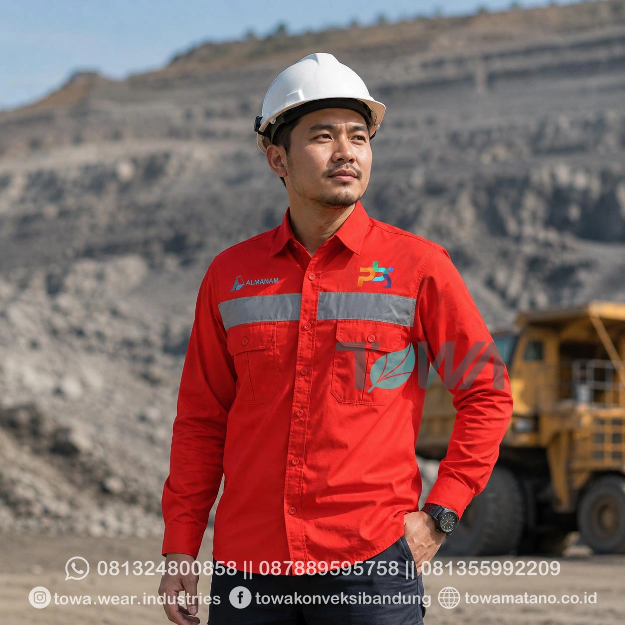 Kemeja Lengan Panjang Bahan Japan Drill Kemeja Proyek Tambang Lapangan Seragam Safety Scotlight Al Manam PBS Merah