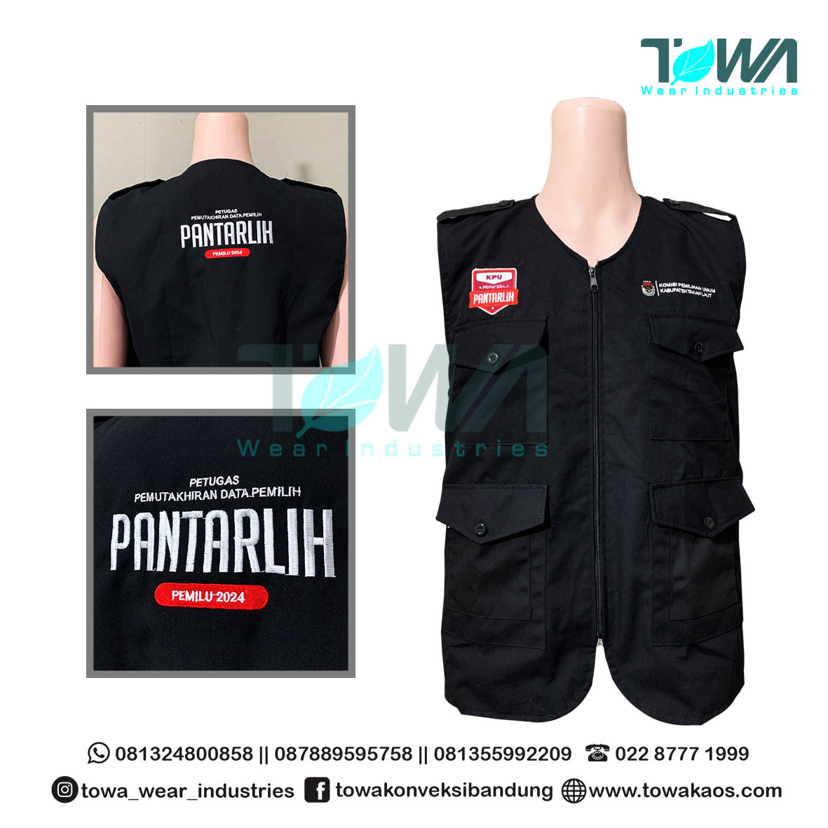 Rompi Pantarlih Pemilu 2024 Bahan Canvas Hitam Bordir
