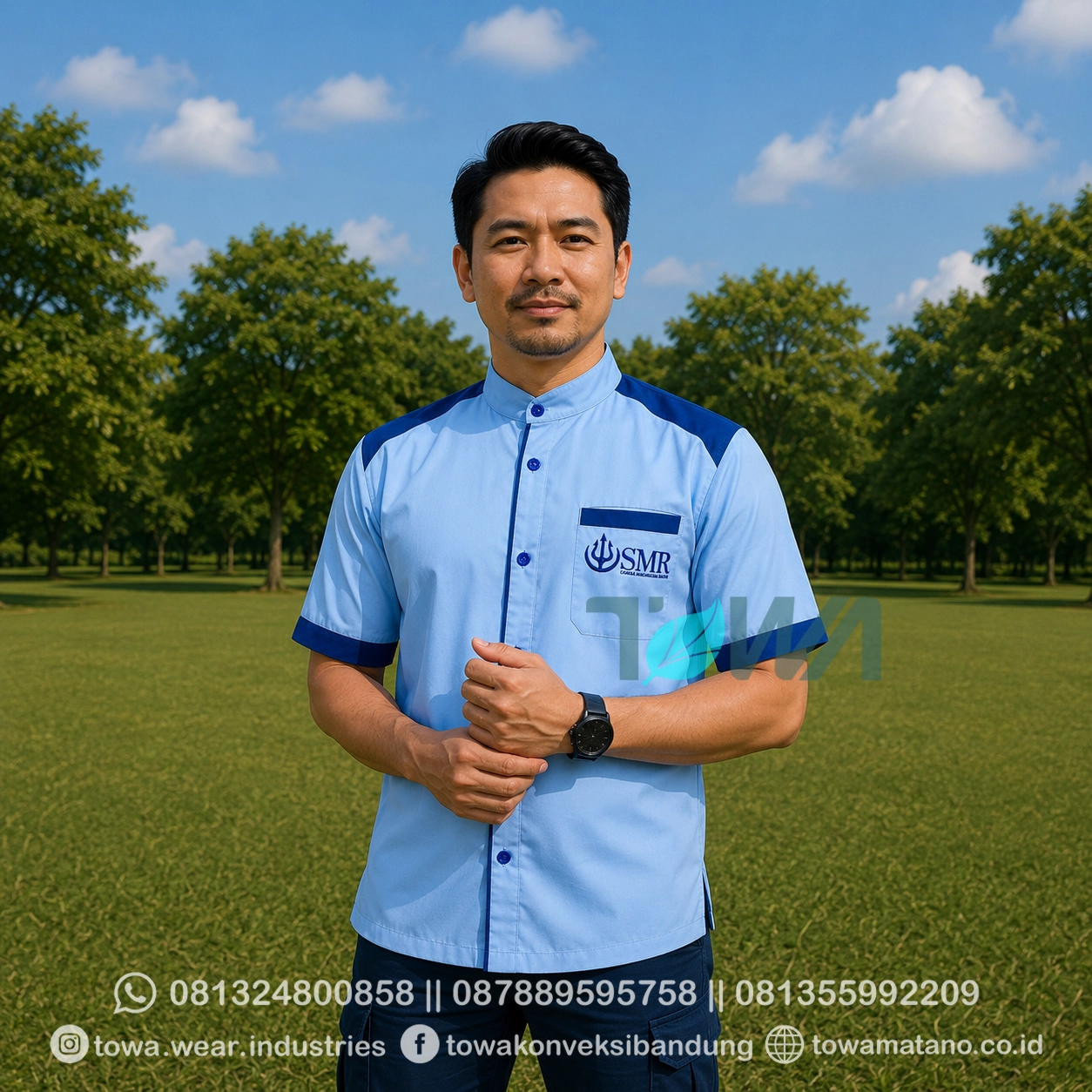 Kemeja Seragam Lengan Pendek Kemeja Kantor Bordir Logo SMR Bahan Drill Variasi Biru