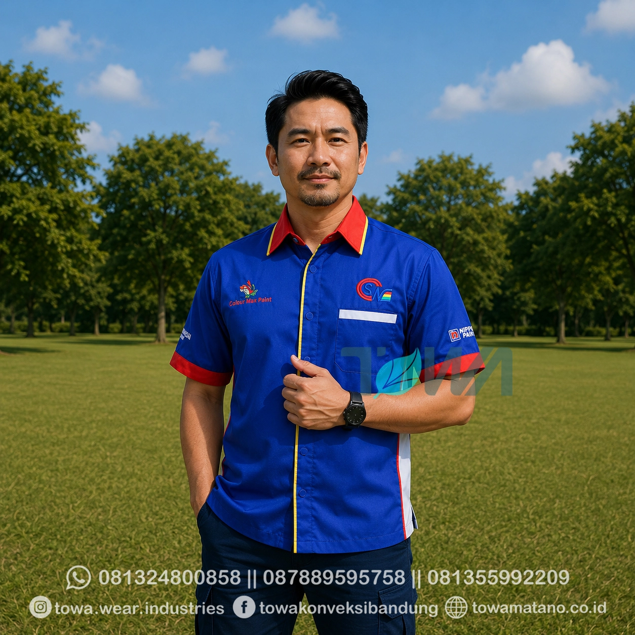Kemeja Seragam Lengan Pendek Kemeja Kantor Bordir Logo Sinar Warna Toko Cat Bahan Drill Variasi Biru