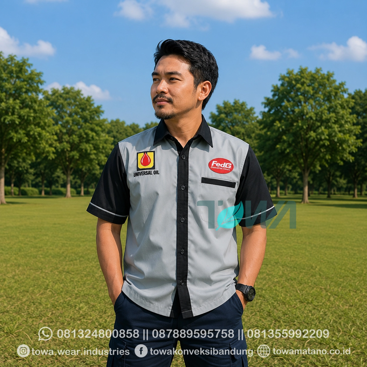 Kemeja Seragam Lengan Pendek Kemeja Kantor Bordir Logo Bahan Drill Abu Variasi Hitam