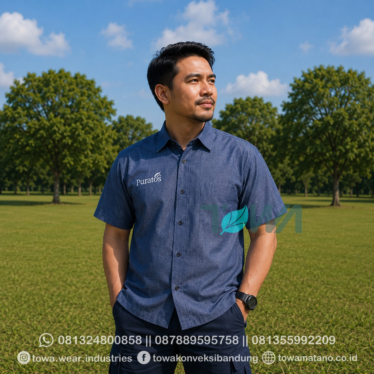 Kemeja Seragam Lengan Pendek Kantor Baju Perusahaan PT Puratos Bahan Denim Bordir Logo