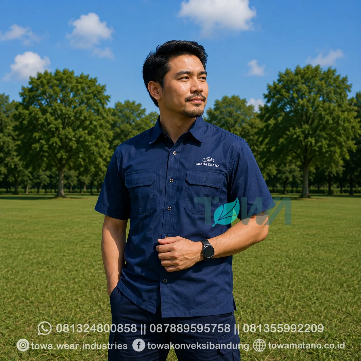 Kemeja Seragam Kantor Baju Perusahaan Bahan Poplin Warna Navy Bordir Logo