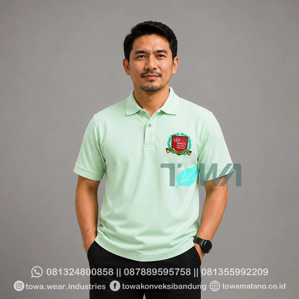 Poloshirt Lengan Pendek Bahan Lacoste CVC Pique Warna Hijau Mint Bordir Logo BINUS