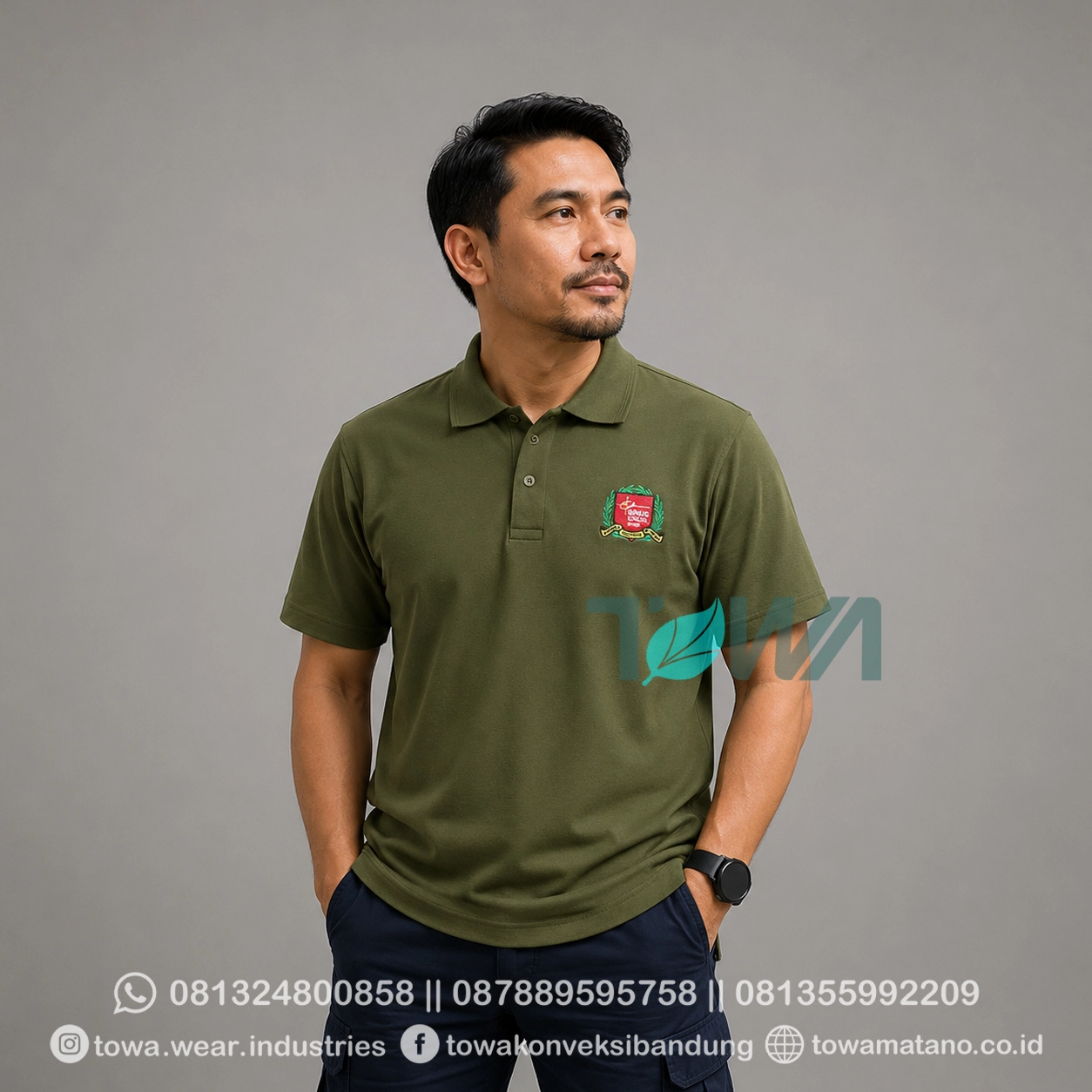 Poloshirt Lengan Pendek Bahan Lacoste CVC Pique Warna Hijau Army Bordir Logo BINUS