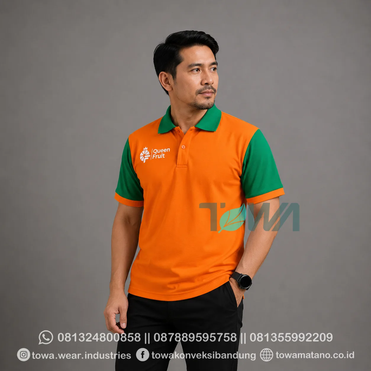 Poloshirt Lengan Pendek Bahan Lacoste CVC Pique Warna Orange Hijau Bordir Logo Queen Fruit Baju Karyawan