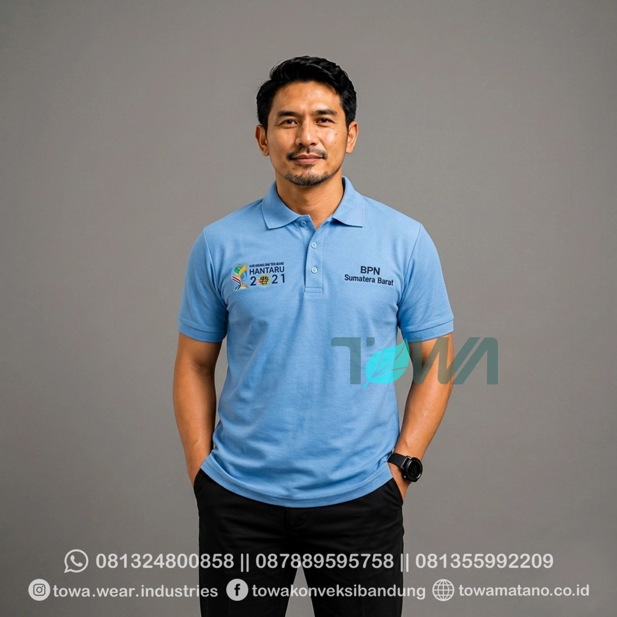 Poloshirt Lengan Pendek Bahan Lacoste CVC Pique Warna Biru Baju Event Hantaru 2021 Kaos Kerah Custom Bordir Logo