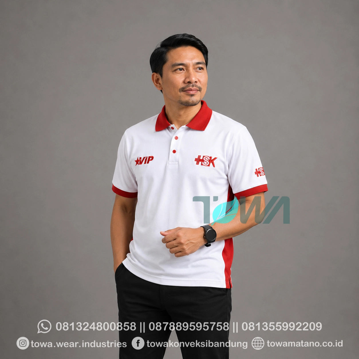 Poloshirt Lengan Pendek Bahan Lacoste CVC Pique Warna Merah Putih Bordir Logo HSK