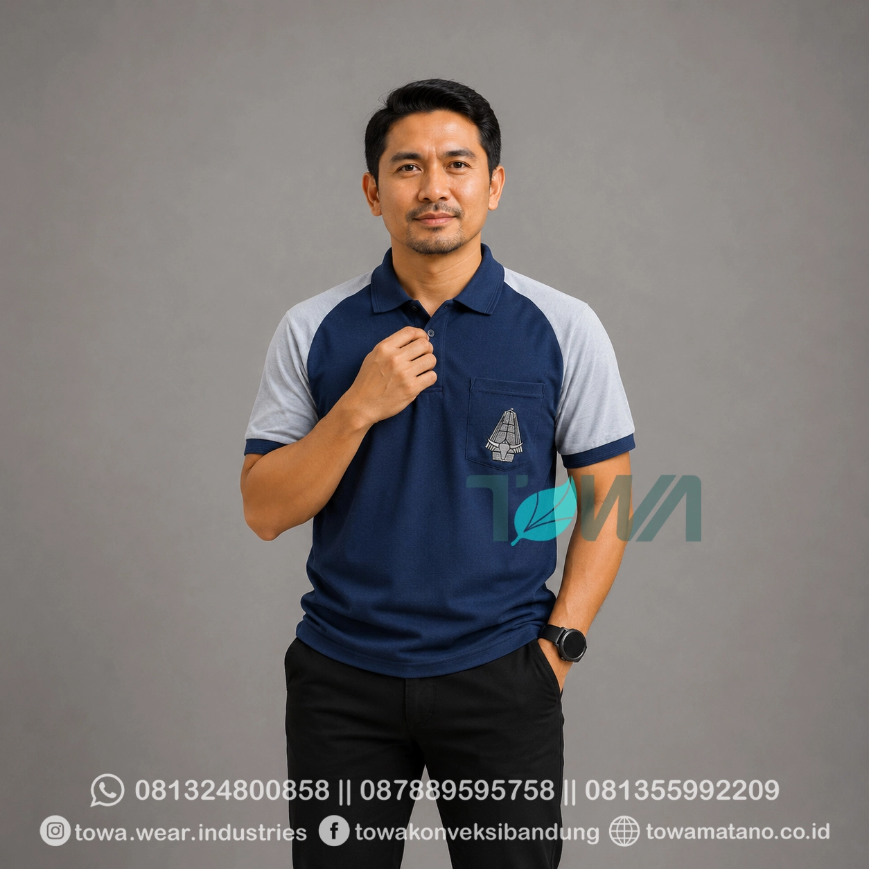 Poloshirt Lengan Pendek Bahan Lacoste CVC Pique Warna Navy Variasi Abu Custom Kaos Kerah Bordir Logo