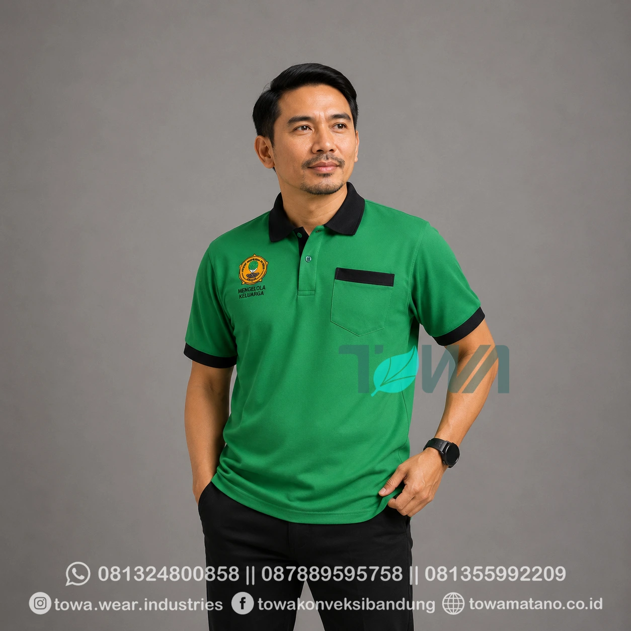 Poloshirt Lengan Pendek Bahan Lacoste CVC Pique Warna Hijau Fuji Kombinasi Hitam Bordir Logo Kaos kerah event
