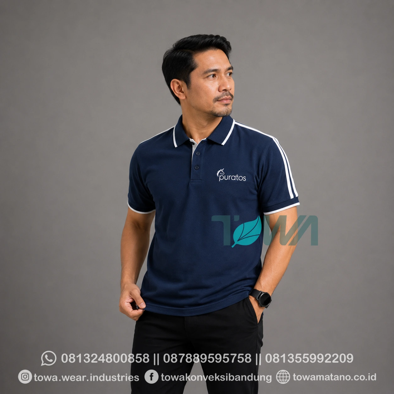 Poloshirt Lengan Pendek Bahan Lacoste CVC Pique Warna Navy Baju Event Kaos Kerah Custom Bordir Logo PT Puratos