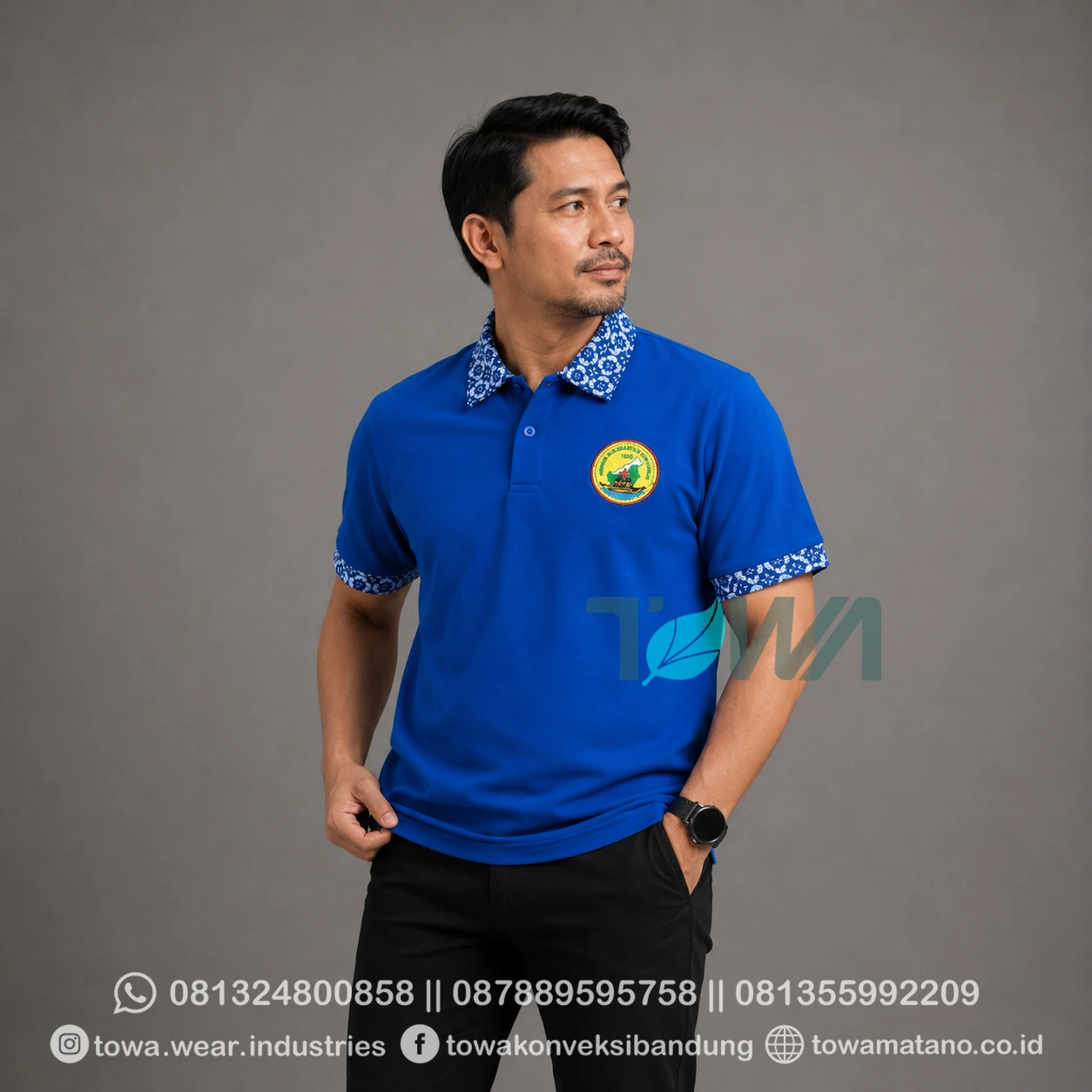 Poloshirt Lengan Pendek Bahan Cotton Combed 24s Warna Biru Benhur Botol Baju Gathering Kaos Kerah Custom Bordir Logo Kombinasi Batik