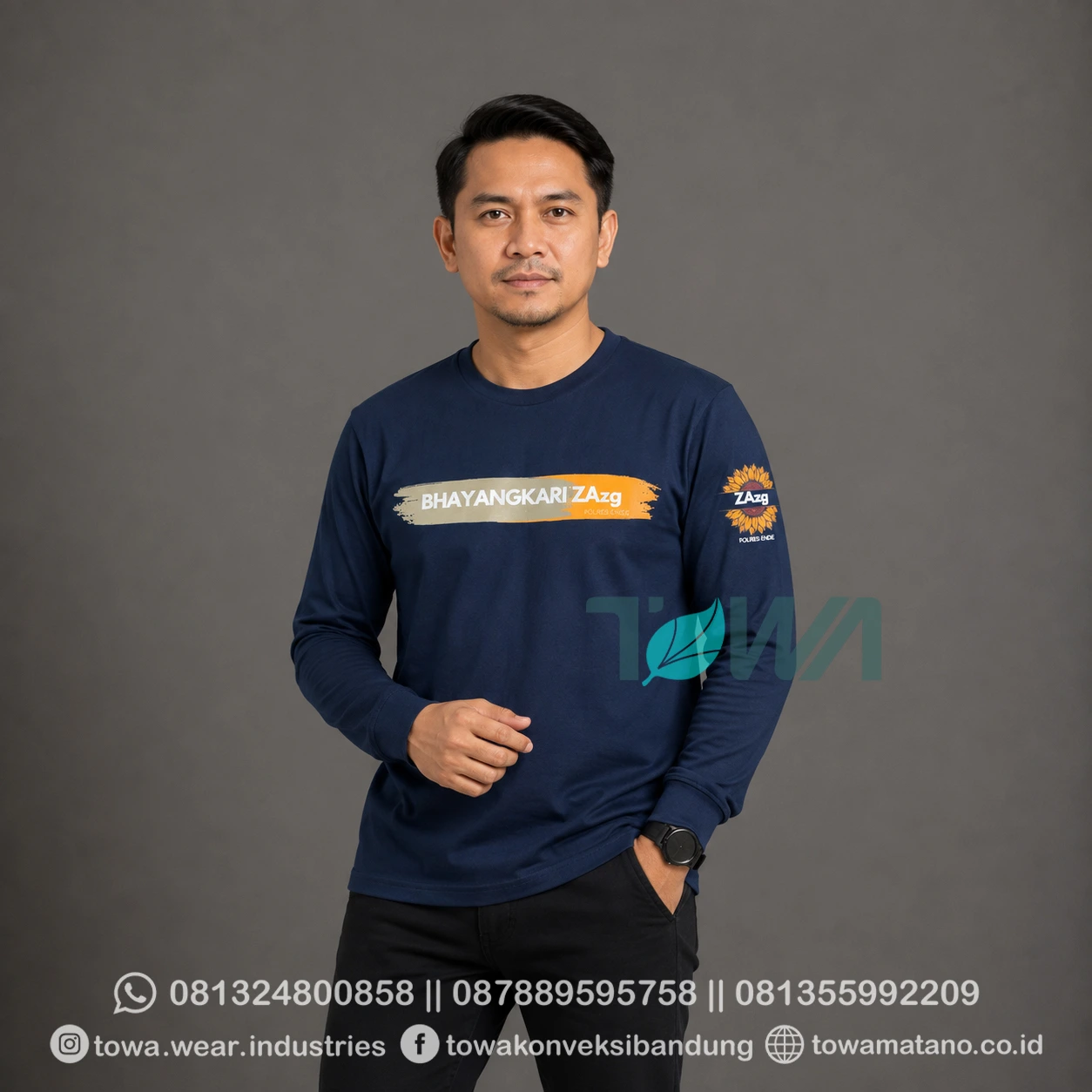 T-shirt Kaos Oblong Lengan Panjang Bahan Cotton Combed 24s Warna Navy Sablon Plastisol Bhayangkari