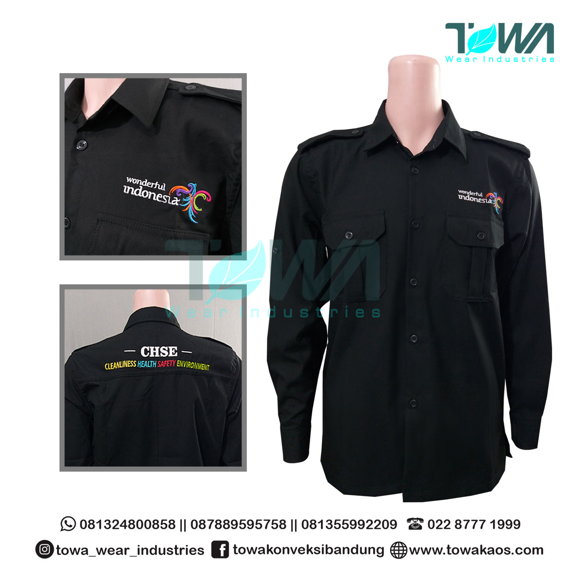 Baju Kemeja Wonderful Indonesia CHSE Warna Hitam Bahan Taipan Tropical Panjang