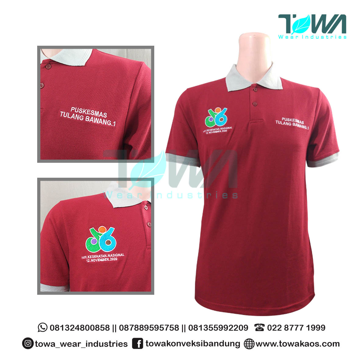 Poloshirt Baju Kaos Kerah HKN Puskesmas Tulang Bawang 1 Maroon Abu