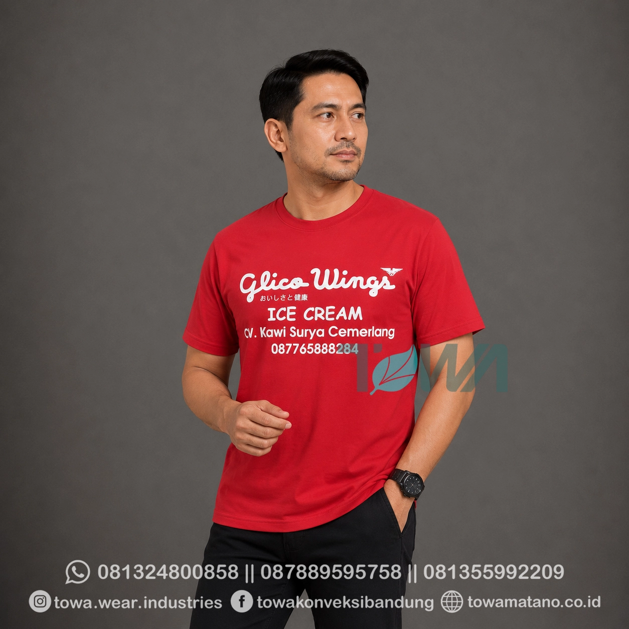 T-shirt Kaos Oblong Lengan Pendek Baju Karyawan Perusahaan Glicowings Bahan Cotton Combed 30s Warna Merah Cabe Logo Sablon Plastisol