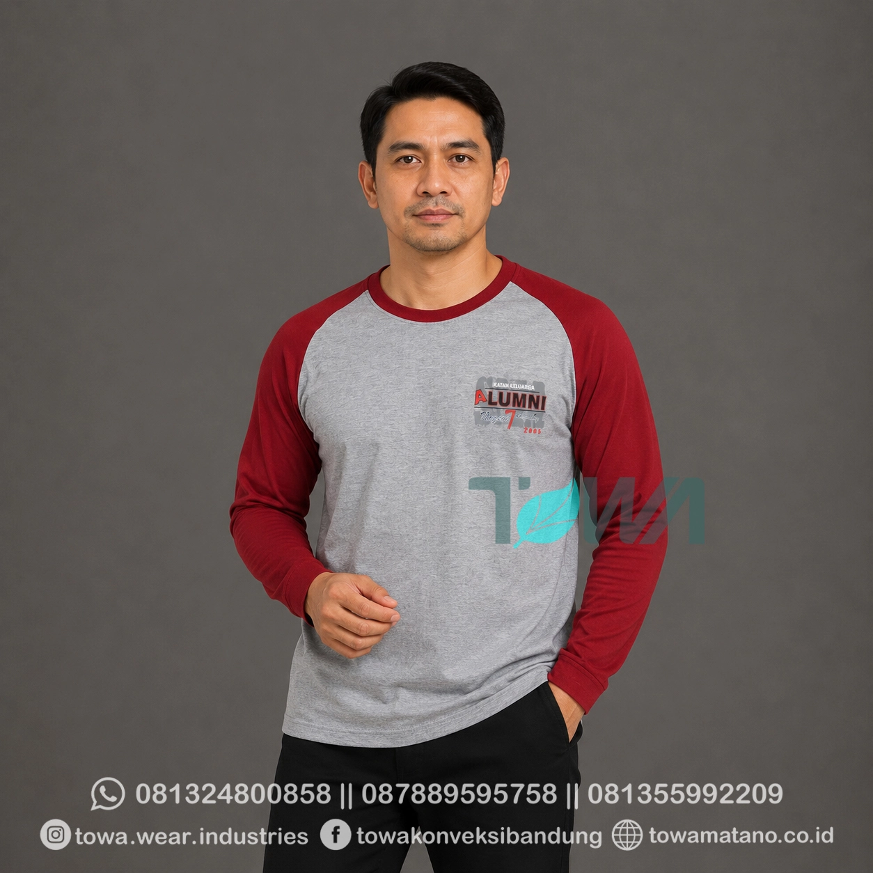 T-shirt Kaos Oblong Lengan Panjang Raglan Reglan Baju Event Family Gathering Reuni Sekolah Bahan Cotton Combed 24s Warna Abu Maroon Logo Sablon Plastisol