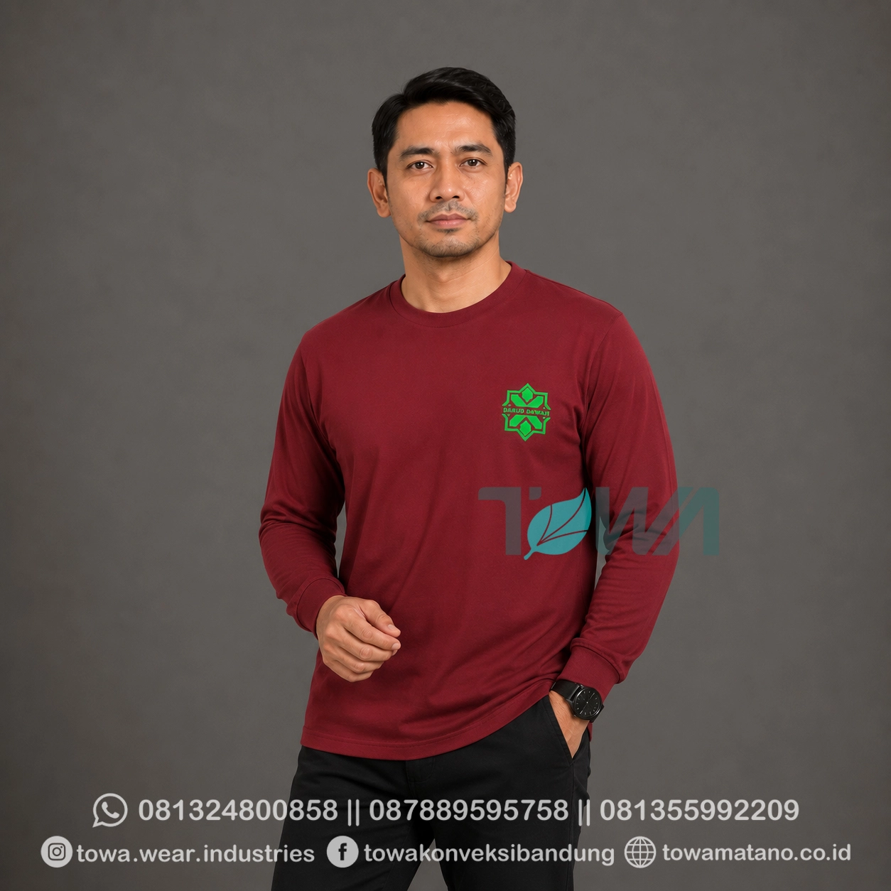 T-shirt Kaos Oblong Lengan Panjang Baju Karyawan Perusahaan Bahan Cotton Combed 30s Warna Merah Maroon Logo Sablon Plastisol