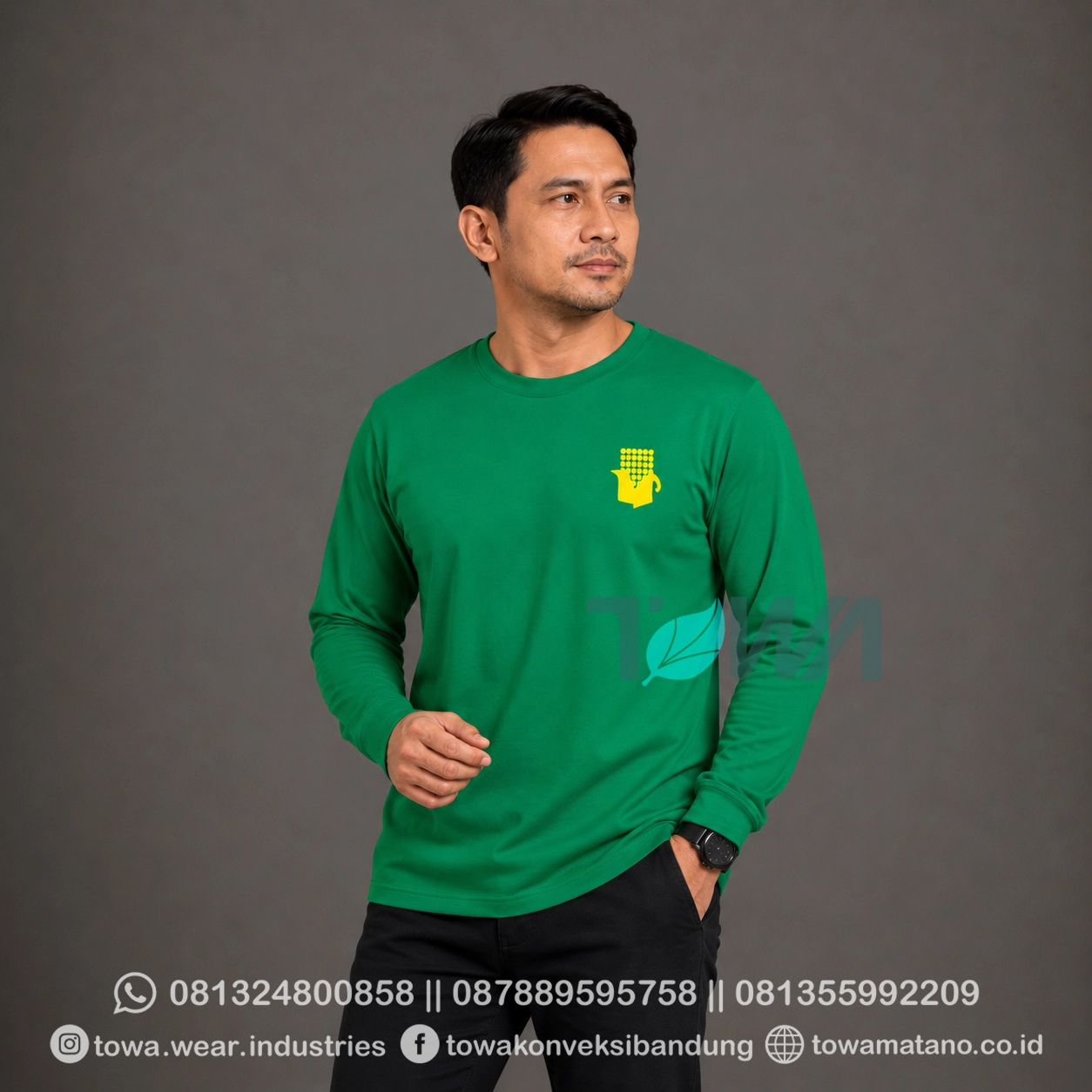 T-shirt Kaos Oblong Lengan Panjang Baju Karyawan Perusahaan Bahan Cotton Combed 24s Warna Hijau Fuji Logo Sablon Plastisol