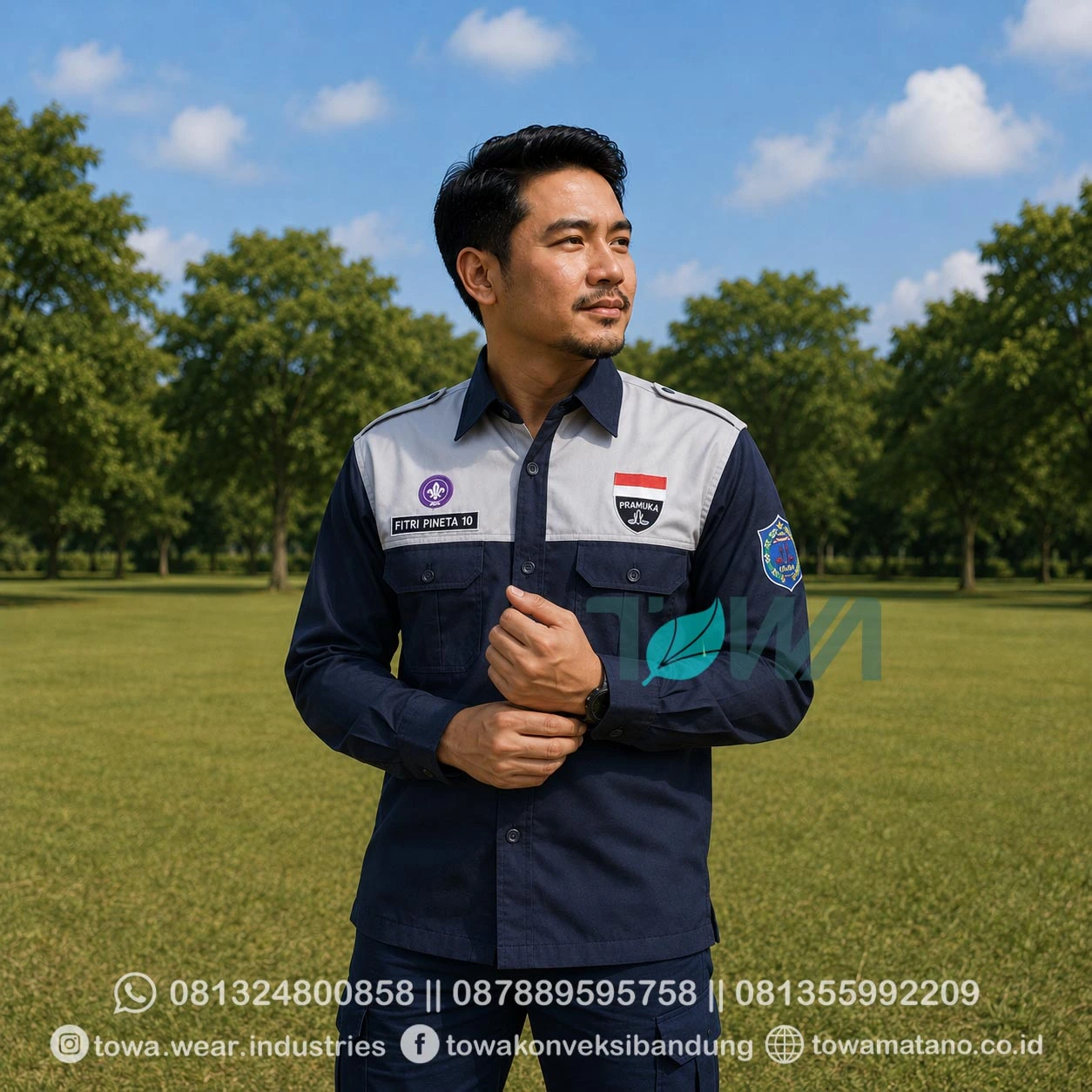 Kemeja Seragam Lapangan Lengan Panjang Bahan American Drill Bordir Logo