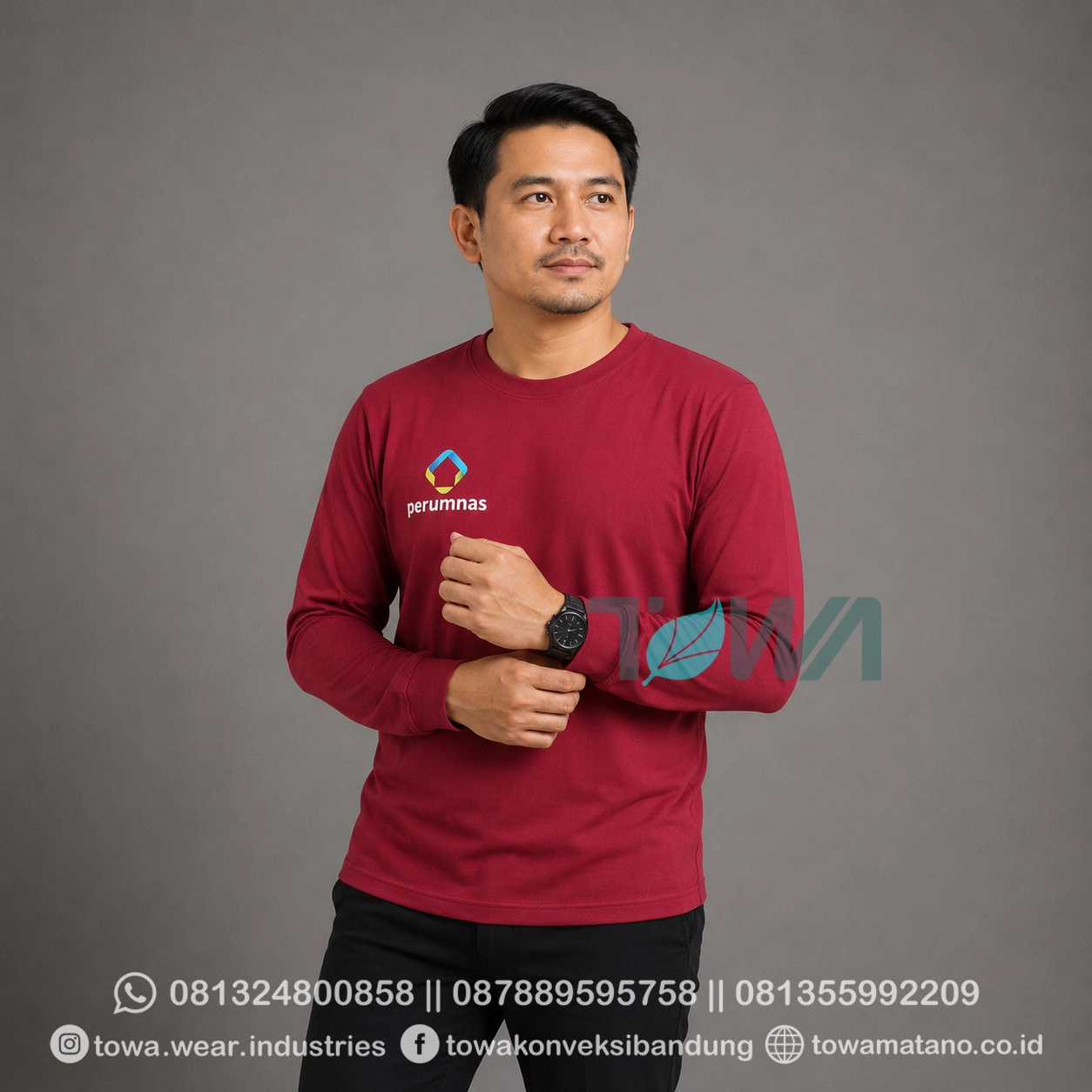 T-shirt Kaos Oblong Lengan Panjang Bahan Cotton Combed 24s Warna Maroon Sablon Plastisol Perumnas
