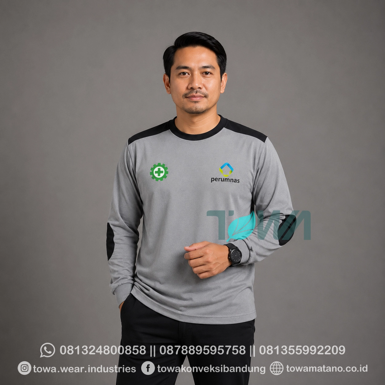 T-shirt Kaos Oblong Lengan Panjang Bahan Cotton Combed 24s Warna Abu Sablon Plastisol Perumnas