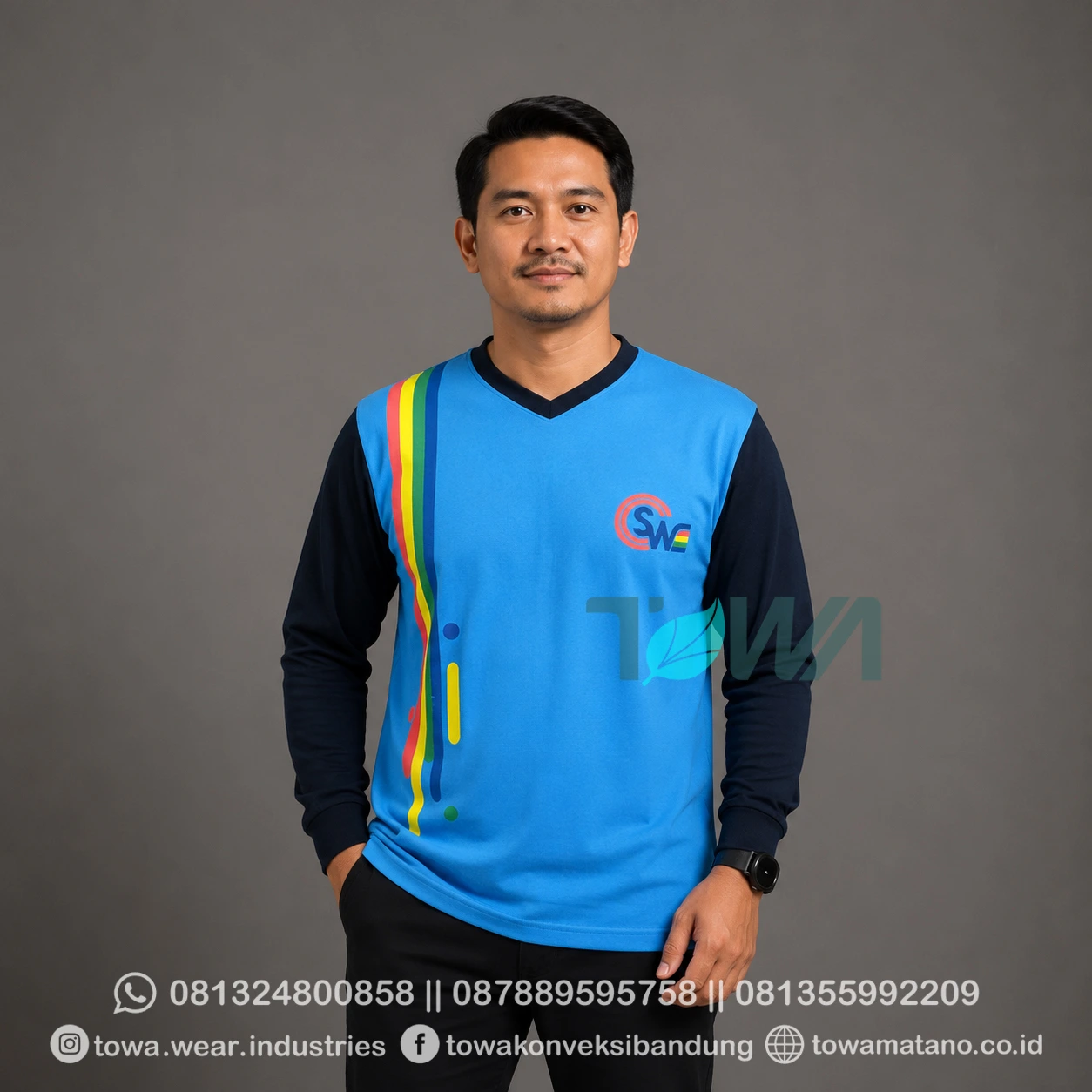 T-shirt Kaos Oblong Lengan Panjang Baju Event Bahan Cotton Combed 24s Warna Biru Telur Asin Sablon Plastisol Kerah V Sinar Warna