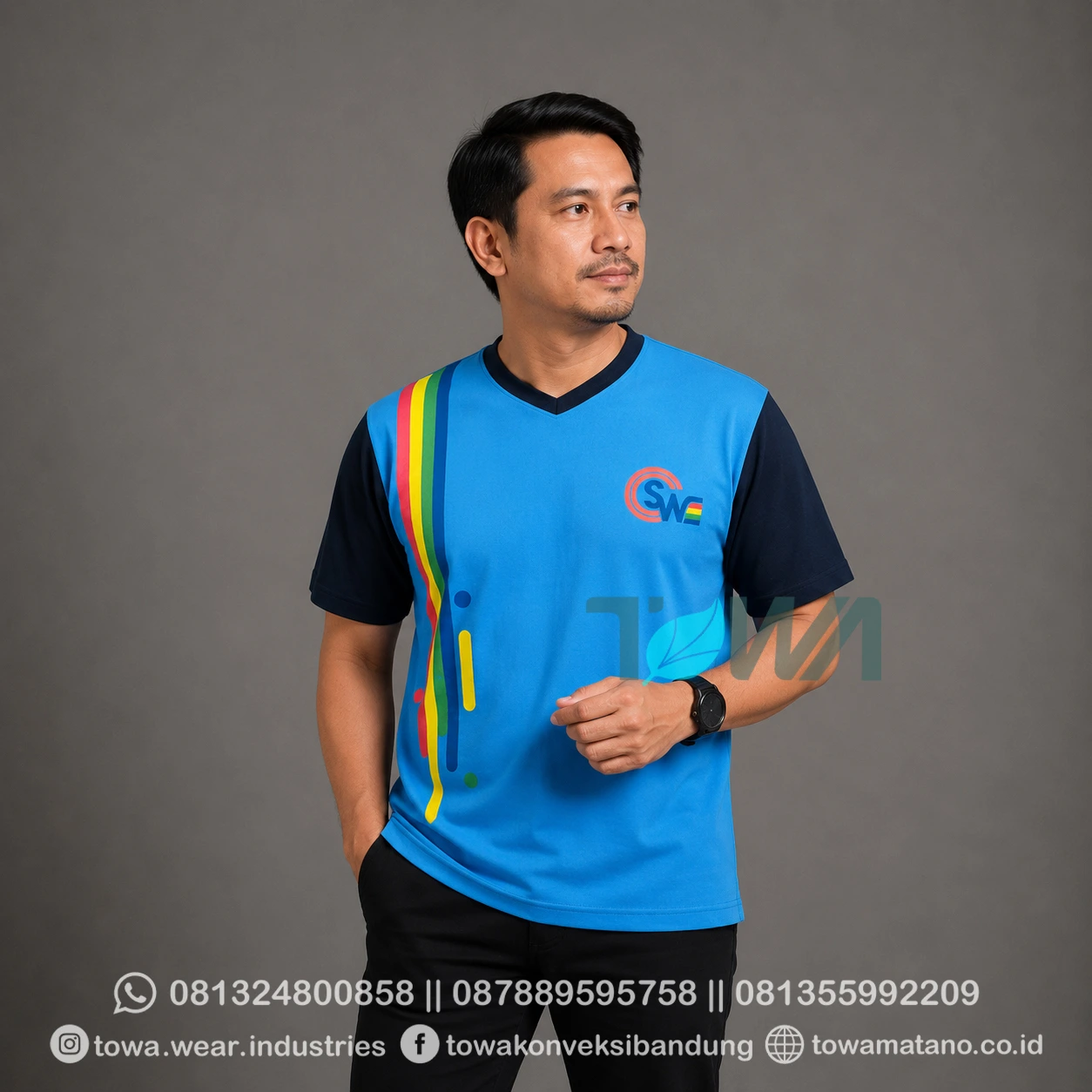 T-shirt Kaos Oblong Lengan Pendek Baju Event Bahan Cotton Combed 24s Warna Biru Telur Asin Sablon Plastisol Kerah V Sinar Warna