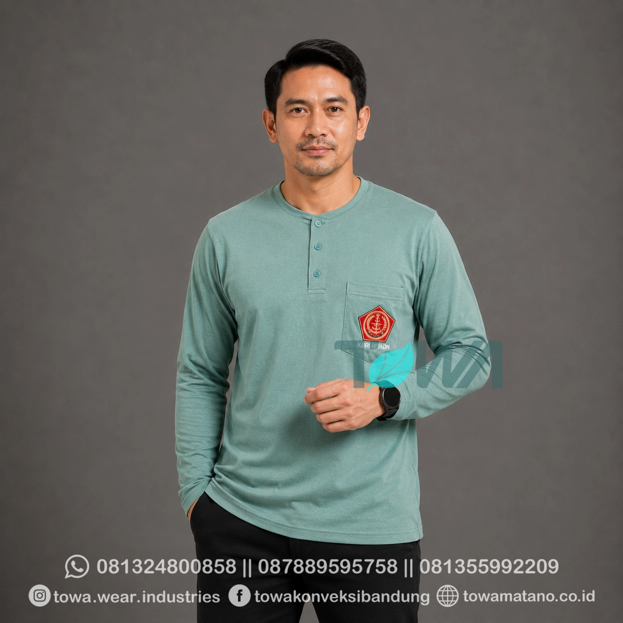 T-shirt Kaos Oblong Henley Lengan Panjang Baju Event KBRI Riyadh Bahan Cotton Bamboo Bordir Logo