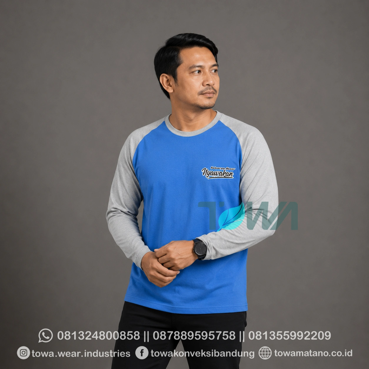 T-shirt Kaos Oblong Lengan Panjang Baju Event Reuni Gathering Bahan Cotton Combed 24s Warna Biru Abu Sablon Plastisol
