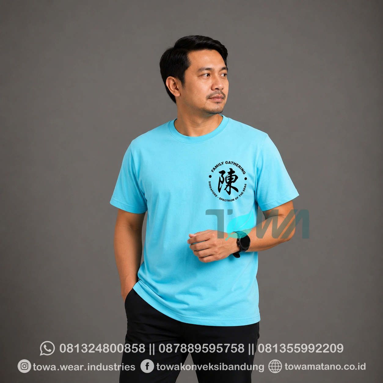 T-shirt Kaos Oblong Lengan Pendek Baju Event Family Gathering Singapore Bahan Cotton Combed 24s Warna Biru Turkis Sablon Plastisol