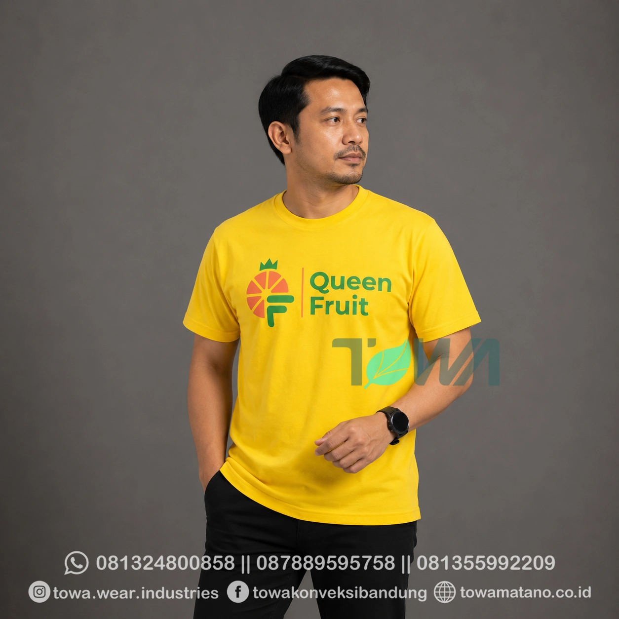 T-shirt Kaos Oblong Lengan Pendek Baju Karyawan Fruit Queen Bahan Cotton Combed 24s Warna Kuning Sablon Plastisol