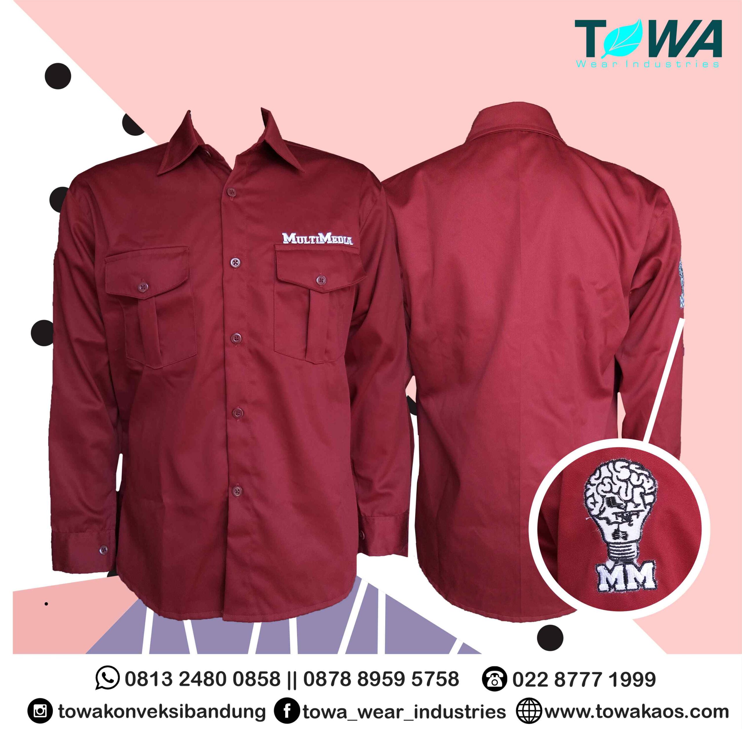 Baju Kemeja Multimedia Karawang Bahan Japan Drill Warna Maroon