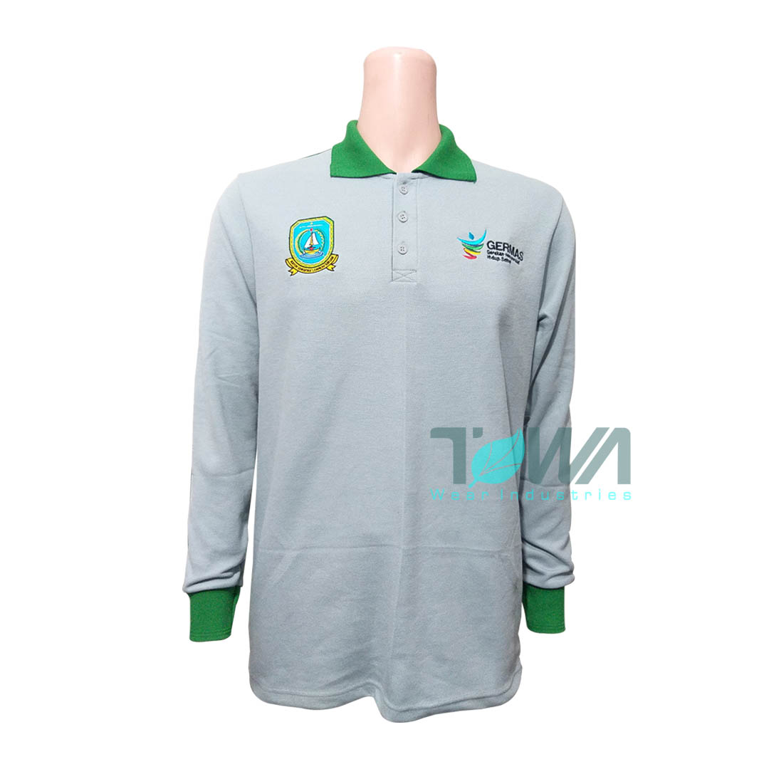 Poloshirt Kaos Kerah Lengan Panjang Bahan Lacoste PE Custon Bordir Logo Germas Puskesmas
