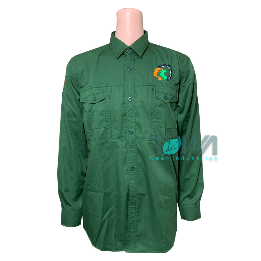 Kemeja Seragam Kerja Lengan Panjang Perusahaan Kantor Indoor Custom Bordir Logo Bahan Japan American Drill