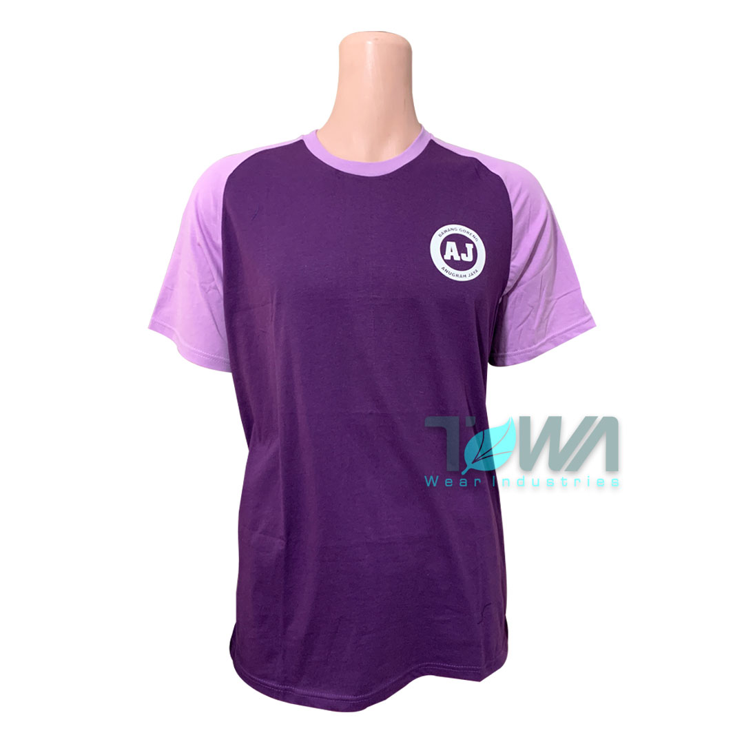 T-shirt Kaos Oblong Reglan Raglan Lengan Pendek Bahan Katun Cotton Combed Ungu Custom Sablon Logo