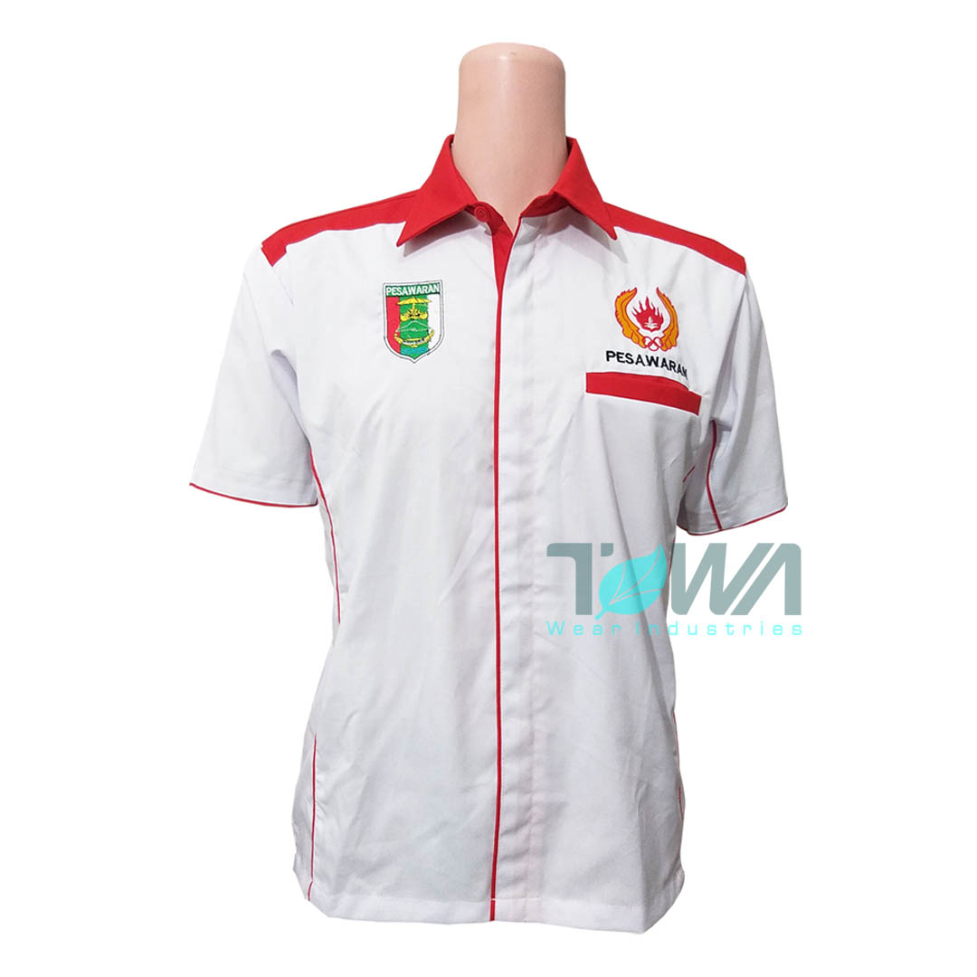 Kemeja Seragam Kerja KONI Bahan Pasada Taipan Tropical Lengan Pendek Putih Merah Custom Bordir Logo